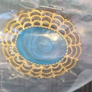Oval Gold Tone And Blue Brooch Pin